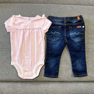 7 For All Mankind Denim Jeans, Baby B’gosh Pink Ruffle Bodysuit Set 12M